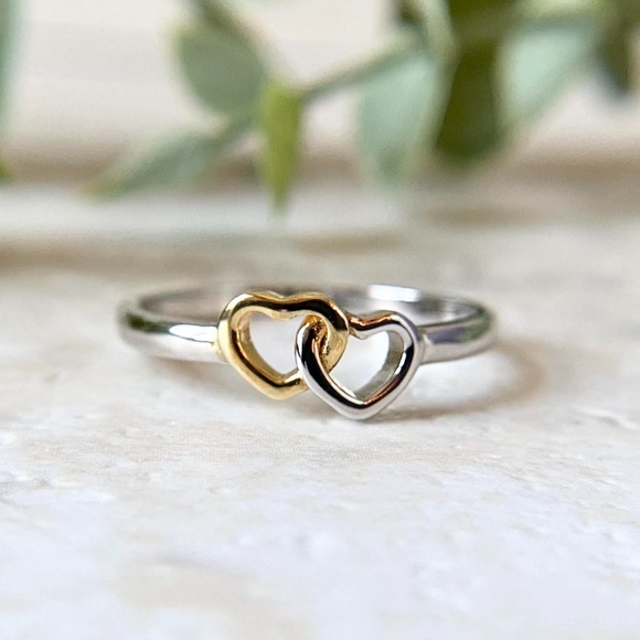 Dainty 925 Sterling Silver Double Heart Ring Two Tone Stacking Minimalist Ring - Picture 1 of 4